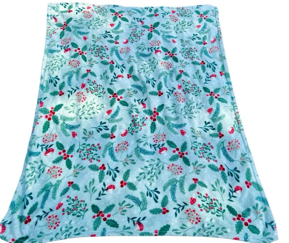 Holiday Time 50"x60" Blue Holly Plush Throw Fairycore, Cottagecore, Whimsical